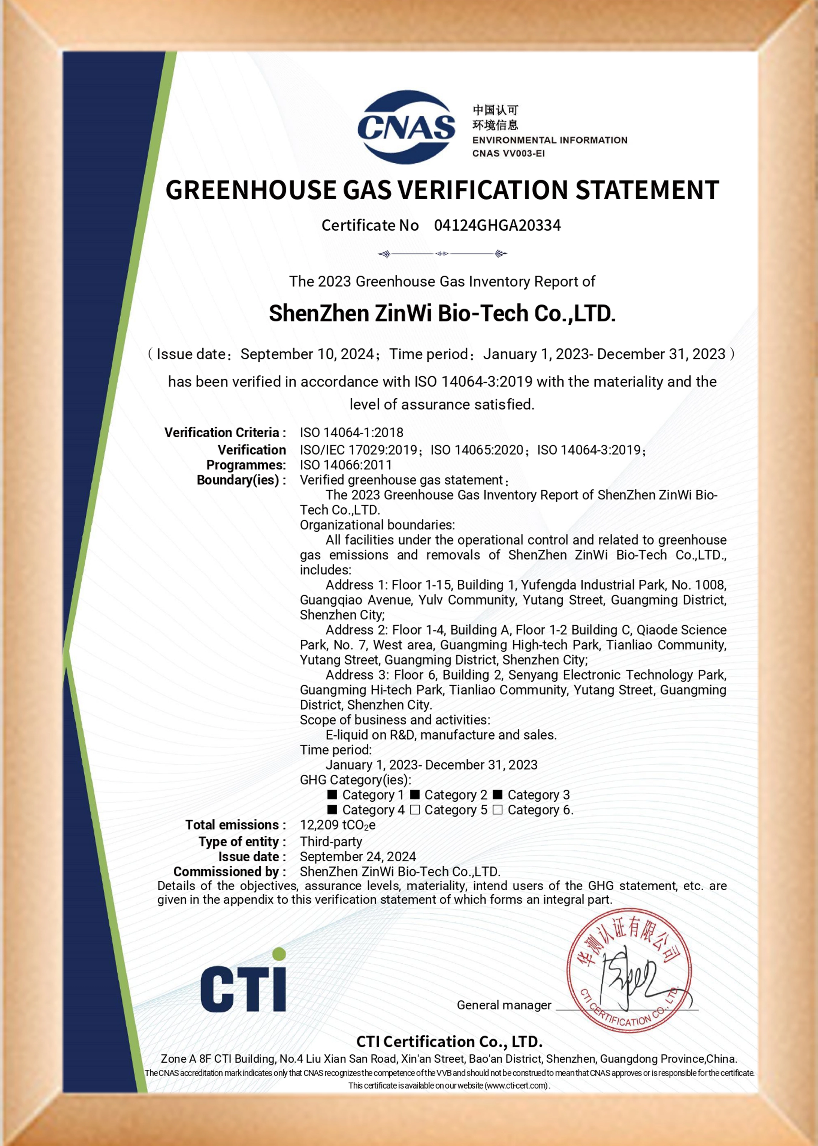 ISO14064 GREENHOUSE GAS VERIFICATION STATEMENT