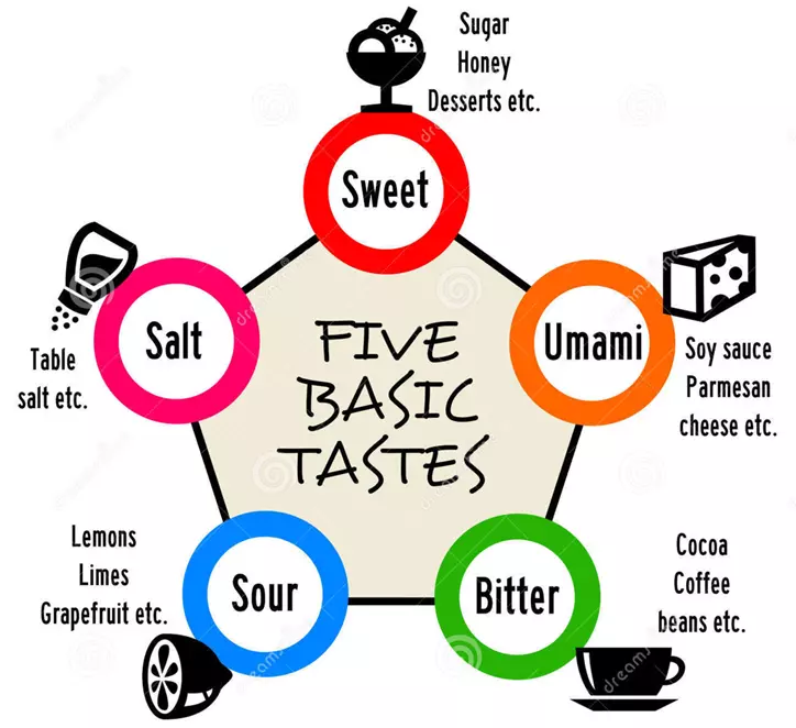 Taste is a sense stimulated by non-volatile taste substances, which consists of five tastes: sweet, salty, bitter, sour and fresh.