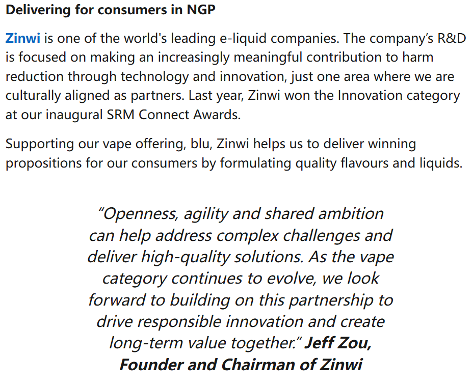 Imperial Brands Shares Strategic Partnership Update; Zinwi’s Innovation Capabilities Gain Further Recognition